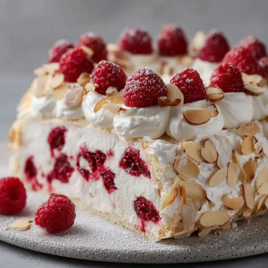 Gâteau Framboise Meringué Craquant maison sur fond en bois, avec meringue dorée et sucre glace
