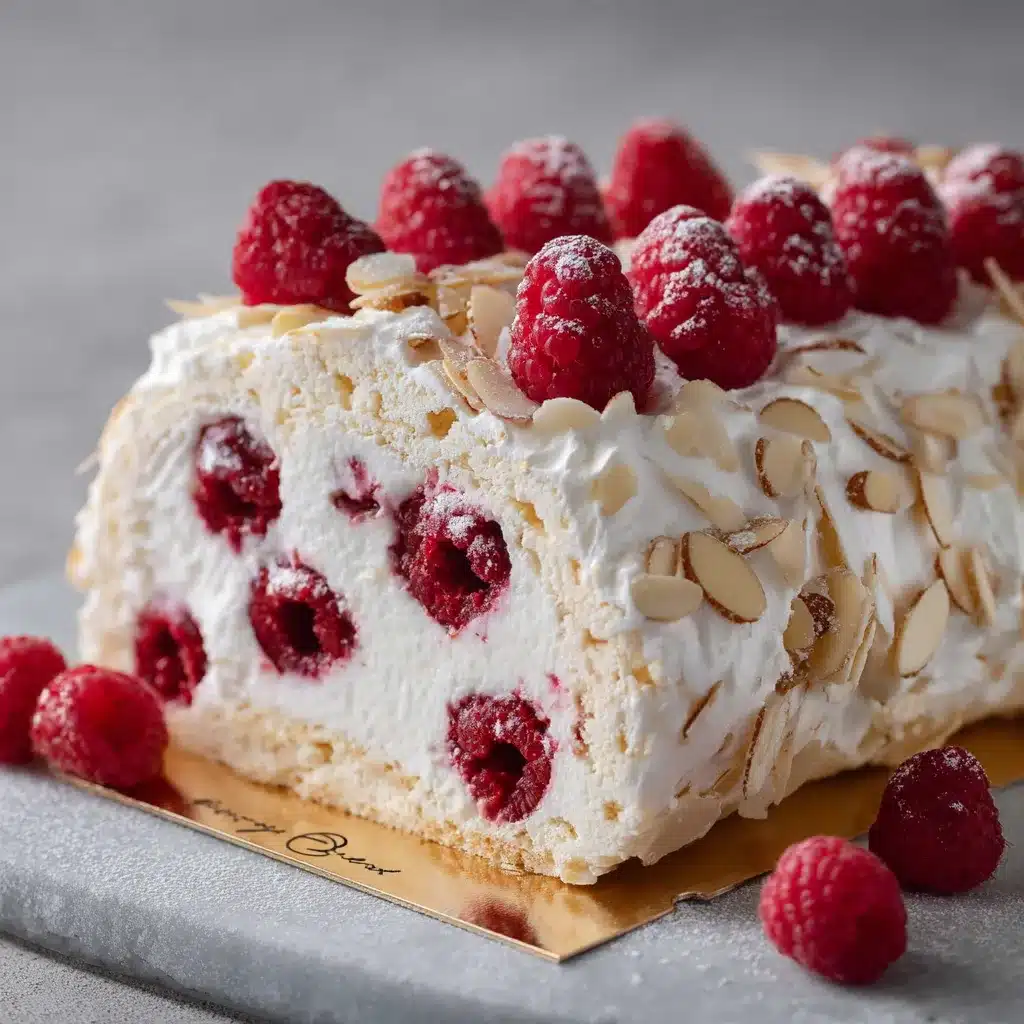 Gâteau Framboise Meringué Craquant maison sur fond en bois, avec meringue dorée et sucre glace