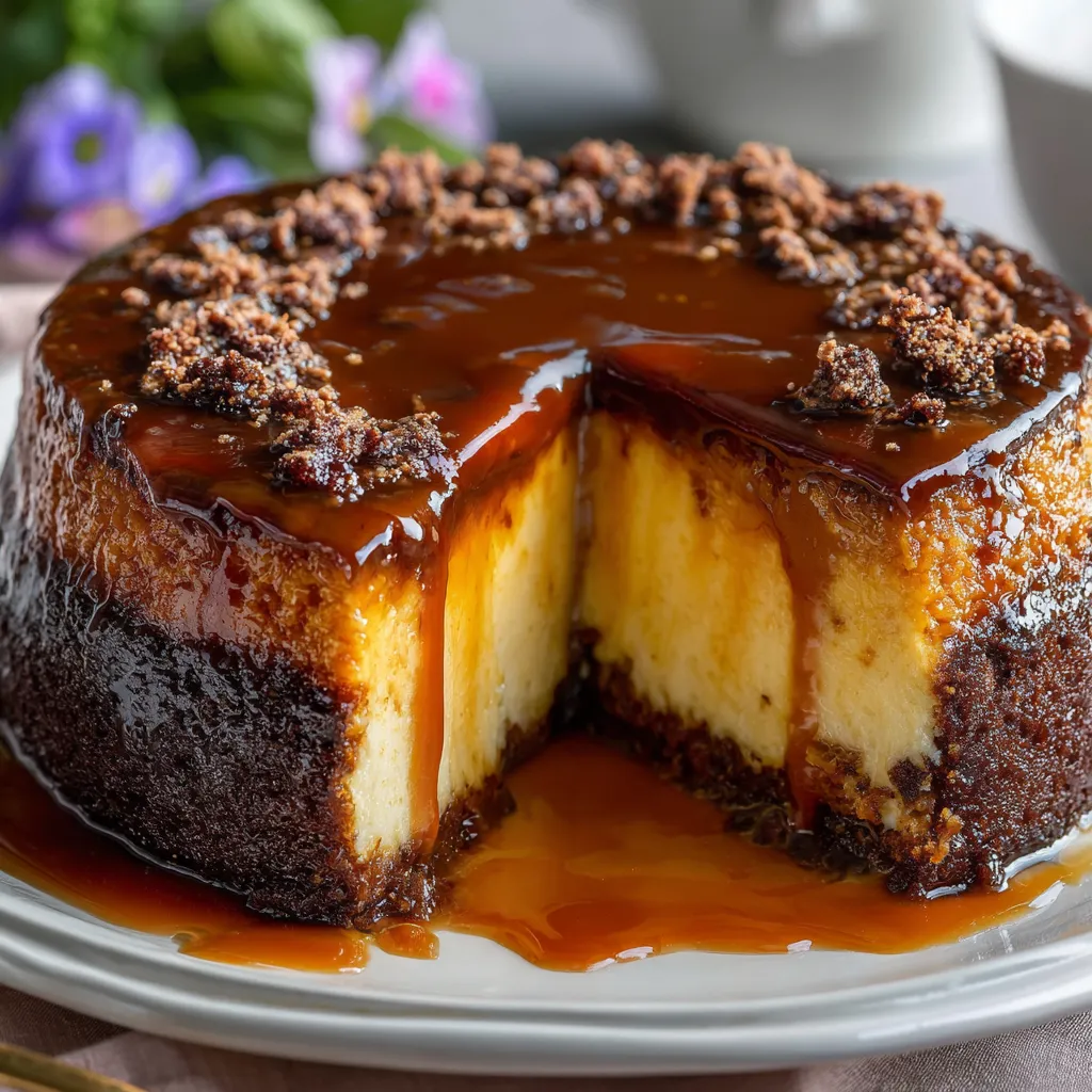 Flan vanillé et gâteau au chocolat nappés de caramel, présentés en parts inversées dans une assiette.