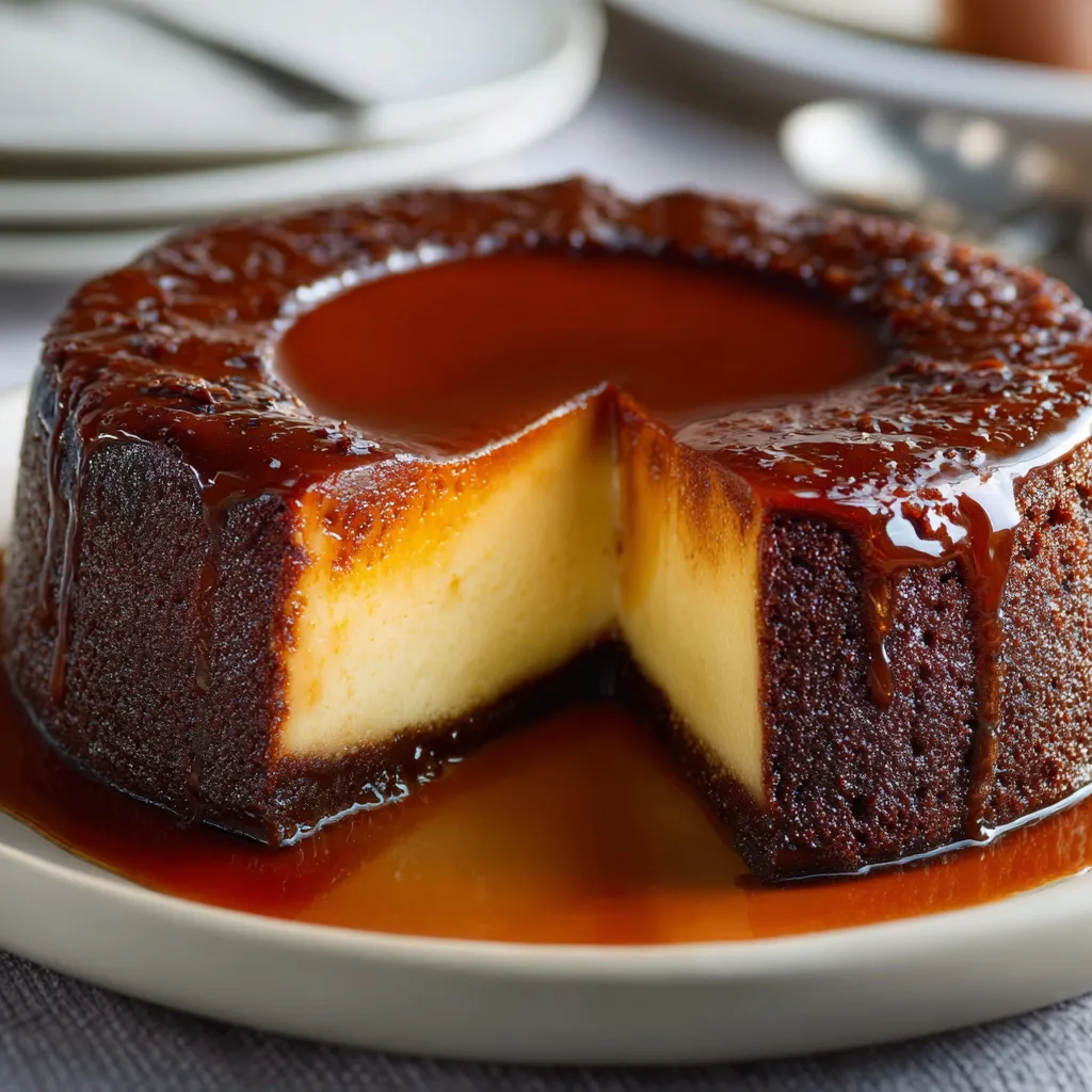 Flan vanillé et gâteau au chocolat nappés de caramel, présentés en parts inversées dans une assiette.