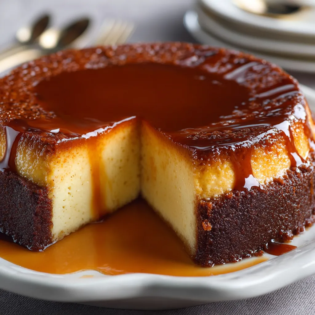 Flan vanillé et gâteau au chocolat nappés de caramel, présentés en parts inversées dans une assiette.