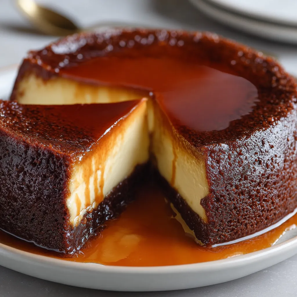 Flan vanillé et gâteau au chocolat nappés de caramel, présentés en parts inversées dans une assiette.