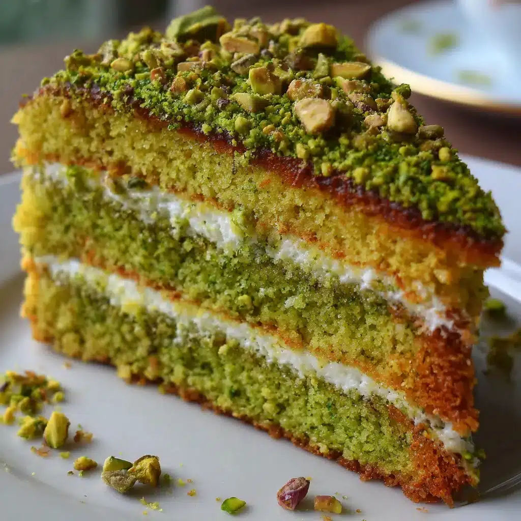 Gâteau à la pistache maison moelleux avec éclats de pistaches sur le dessus