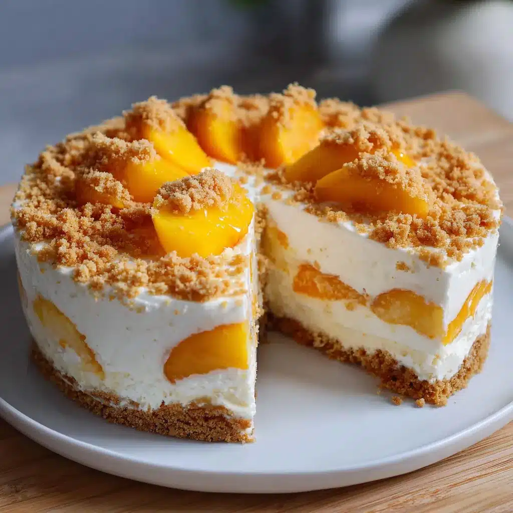 Tranche de gâteau au yaourt glacé aux pêches sur une assiette, sur fond estival