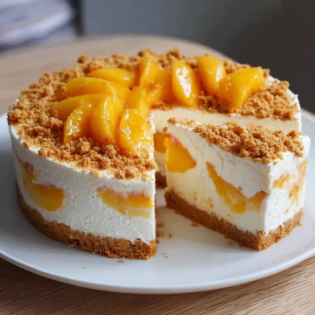 Tranche de gâteau au yaourt glacé aux pêches sur une assiette, sur fond estival
