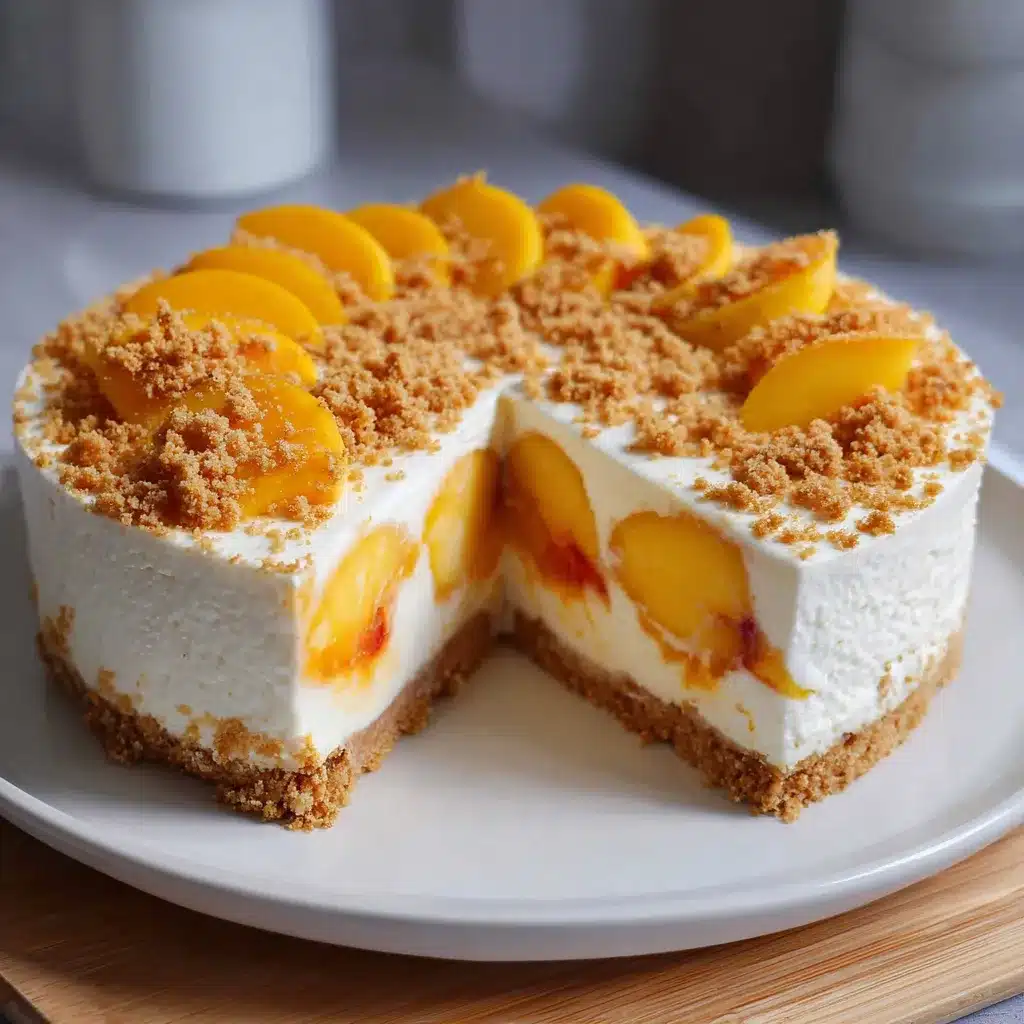 Tranche de gâteau au yaourt glacé aux pêches sur une assiette, sur fond estival