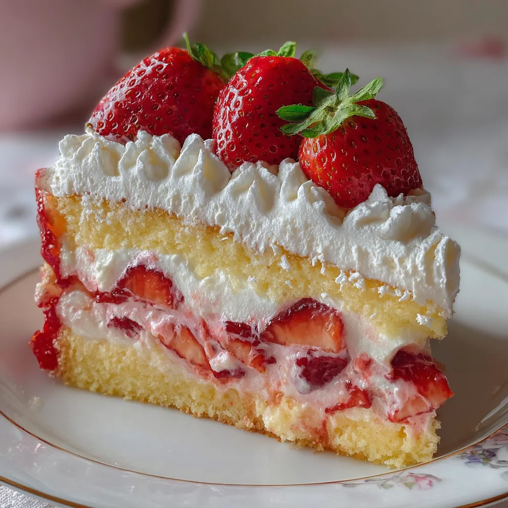 Gâteau aux fraises garni de crème chantilly et crème anglaise sur assiette blanche