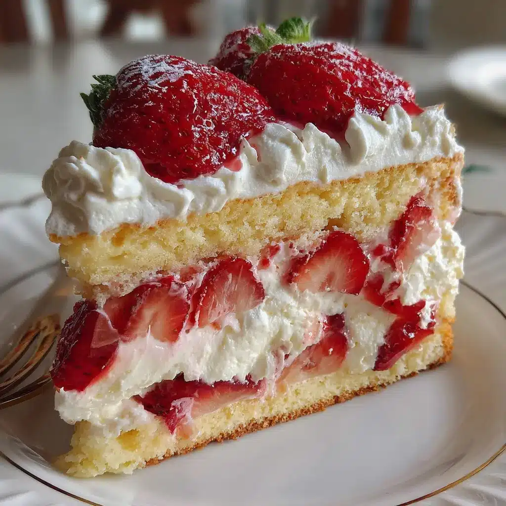 Gâteau aux fraises garni de crème chantilly et crème anglaise sur assiette blanche