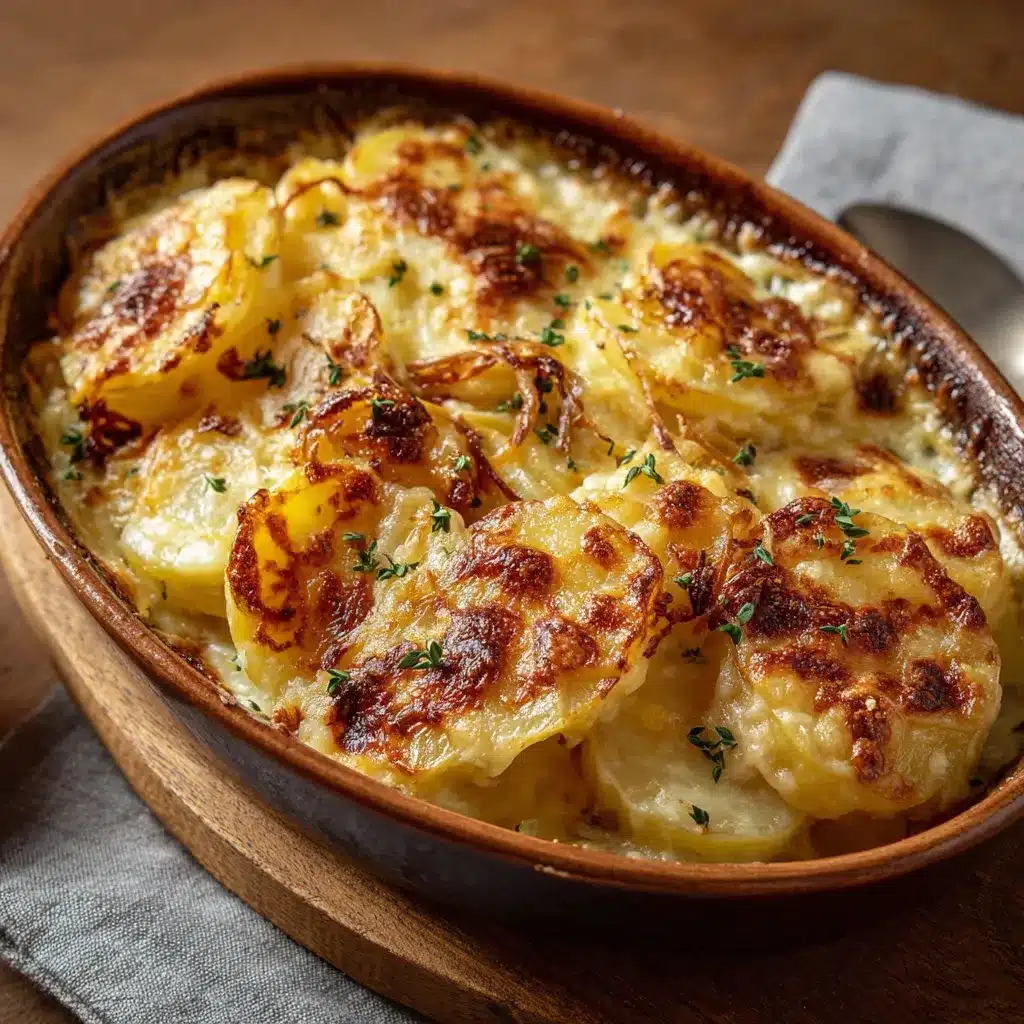 Gratin de pommes de terre à l’oignon français doré au four, servi dans un plat en céramique.