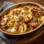 Gratin de pommes de terre à l’oignon français doré au four, servi dans un plat en céramique.