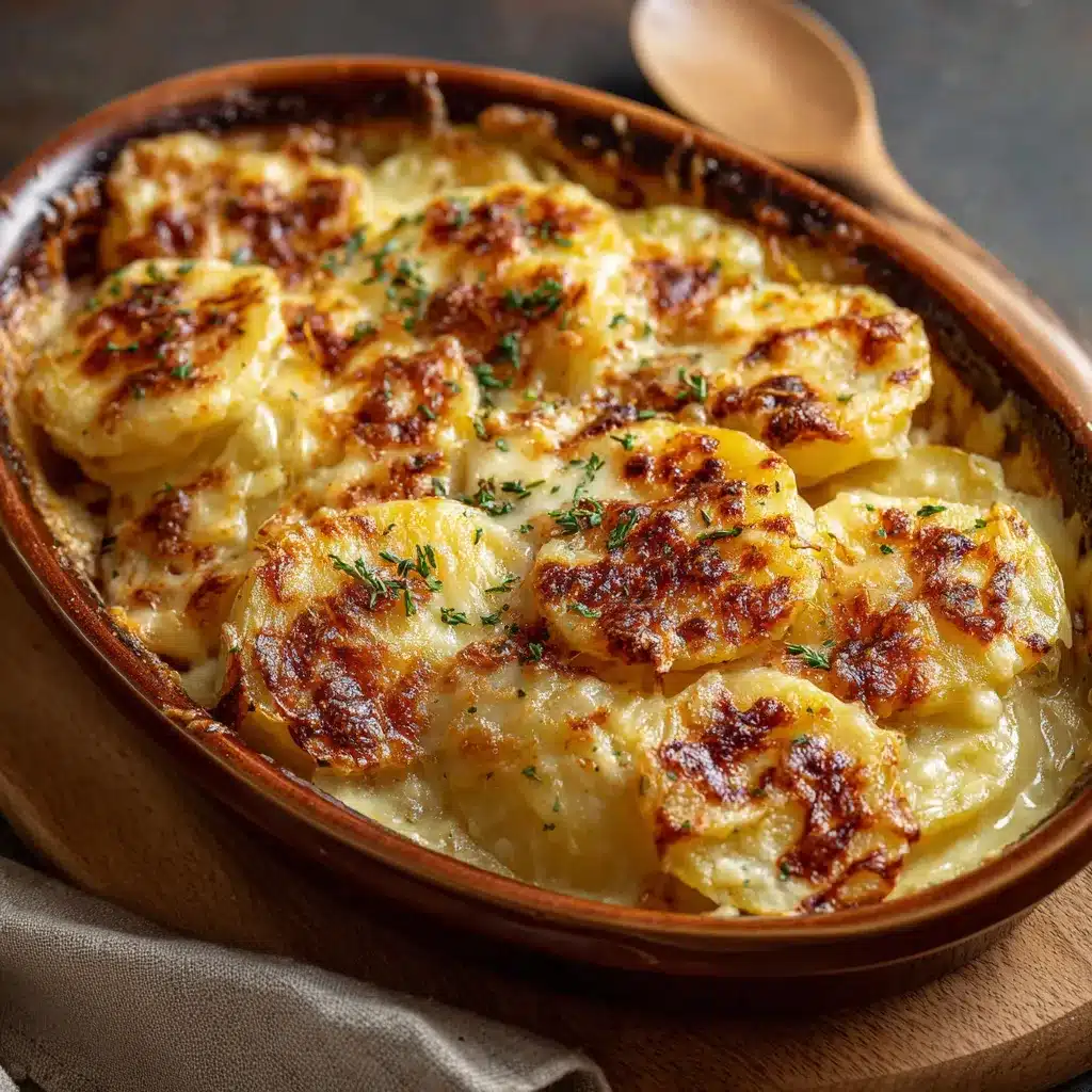 Gratin de pommes de terre à l’oignon français doré au four, servi dans un plat en céramique.