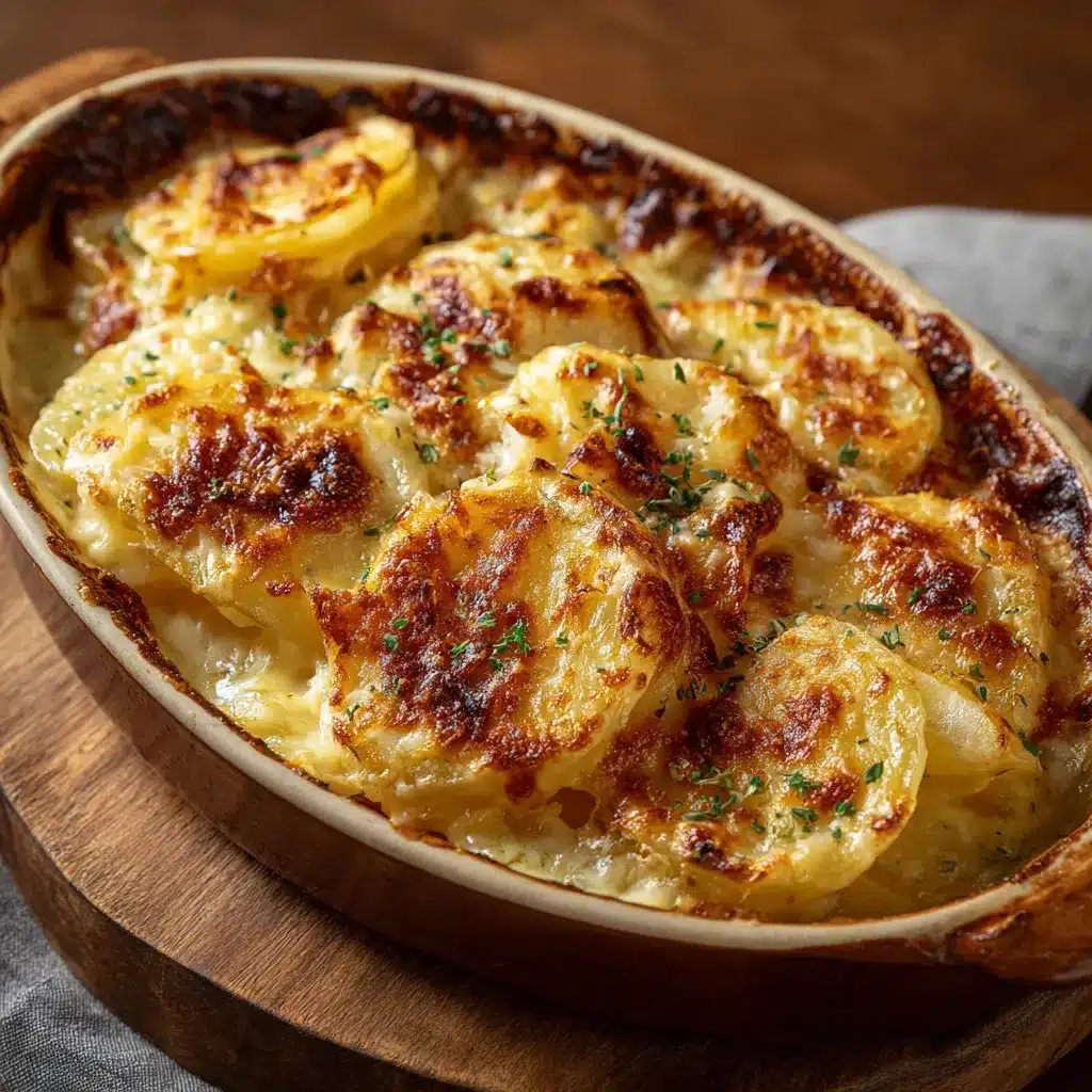 Gratin de pommes de terre à l’oignon français doré au four, servi dans un plat en céramique.