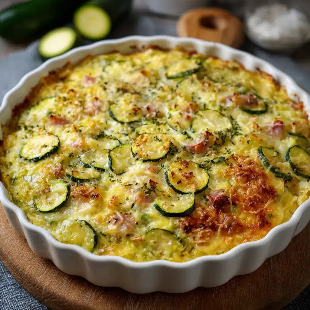 Gratin de courgettes, poulet et riz doré et croustillant dans un plat familial