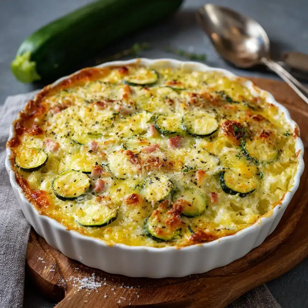 Gratin de courgettes, poulet et riz doré et croustillant dans un plat familial