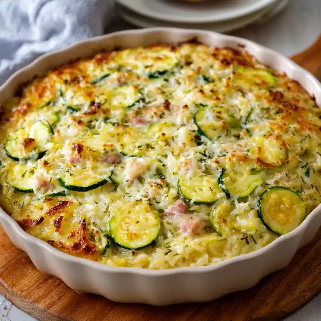 Gratin de courgettes, poulet et riz doré et croustillant dans un plat familial