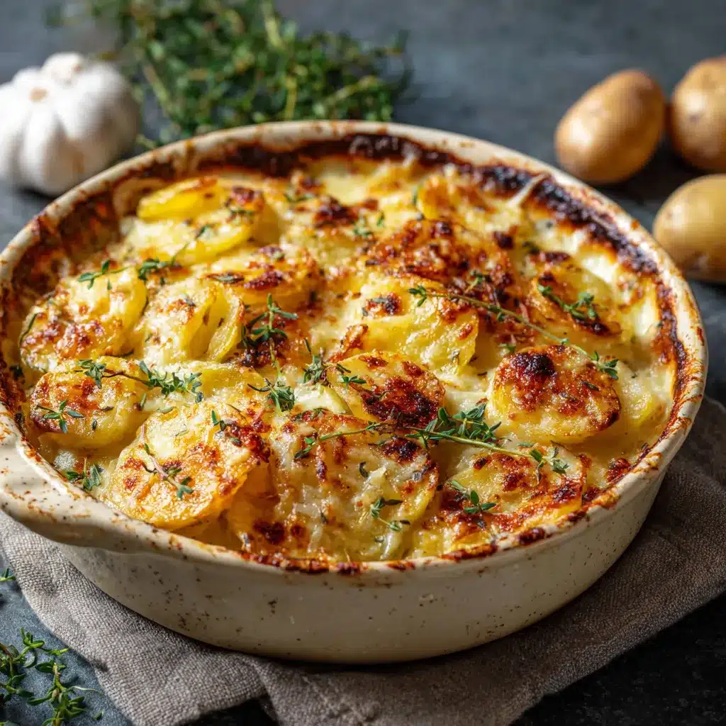 Gratin de pommes de terre doré au fromage dans un plat en céramique blanc, prêt à servir.