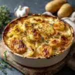 Gratin de pommes de terre doré au fromage dans un plat en céramique blanc, prêt à servir.