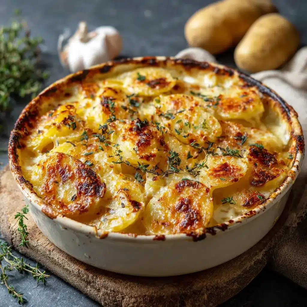 Gratin de pommes de terre doré au fromage dans un plat en céramique blanc, prêt à servir.