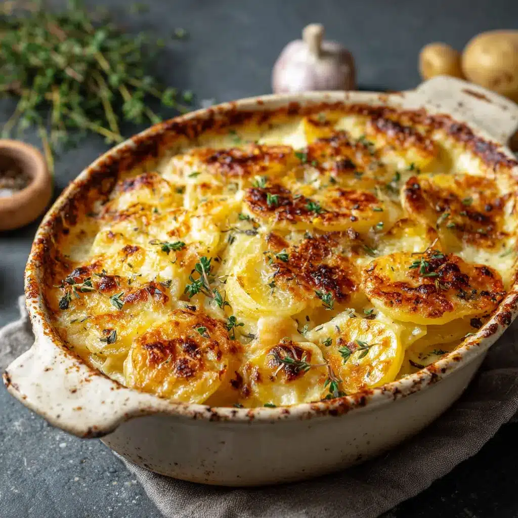Gratin de pommes de terre doré au fromage dans un plat en céramique blanc, prêt à servir.