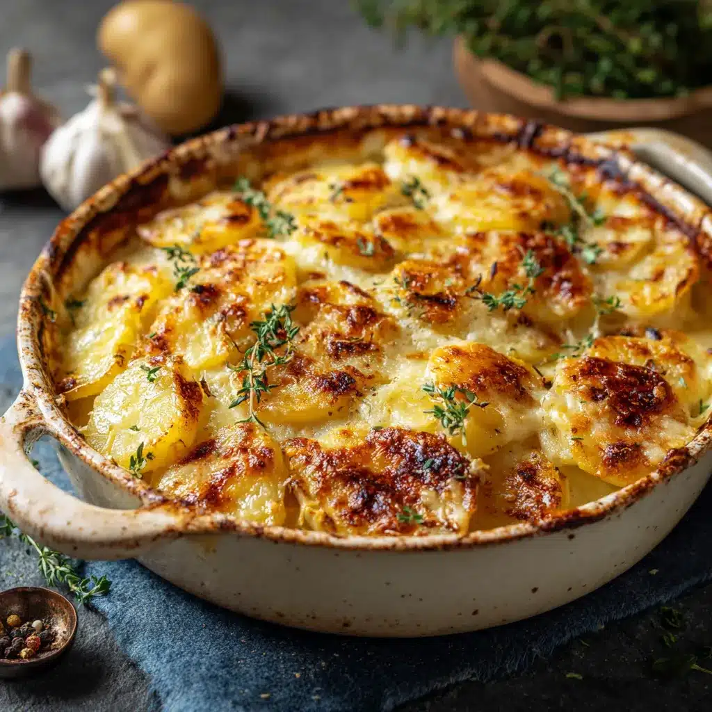 Gratin de pommes de terre doré au fromage dans un plat en céramique blanc, prêt à servir.