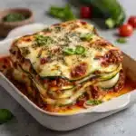 Gratin de courgettes léger façon lasagnes dans un plat en céramique gratiné au fromage