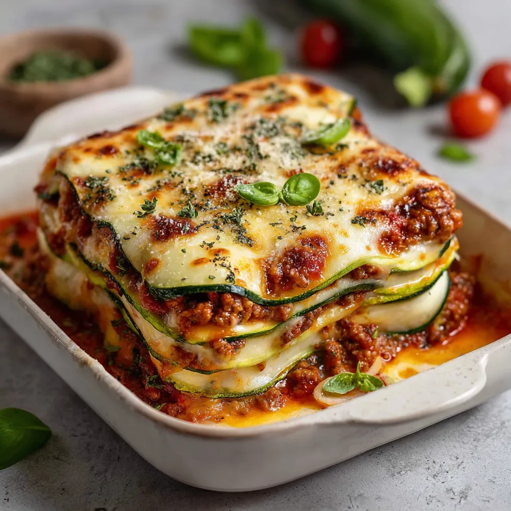 Gratin de courgettes léger façon lasagnes dans un plat en céramique gratiné au fromage