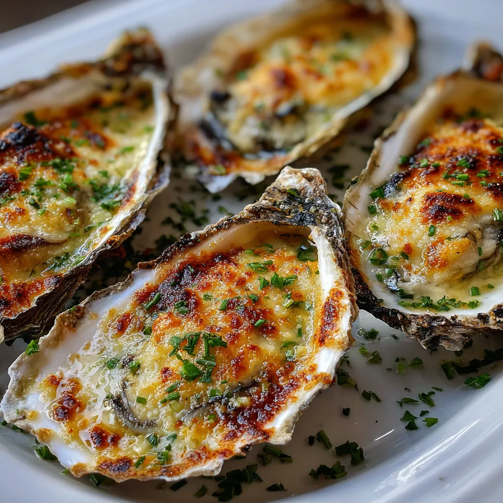 Huîtres gratinées au four avec parmesan et ail servies dans leurs coquilles