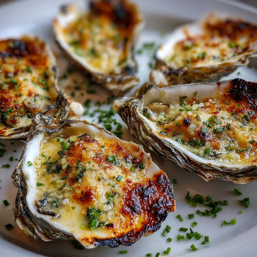 Huîtres gratinées au four avec parmesan et ail servies dans leurs coquilles