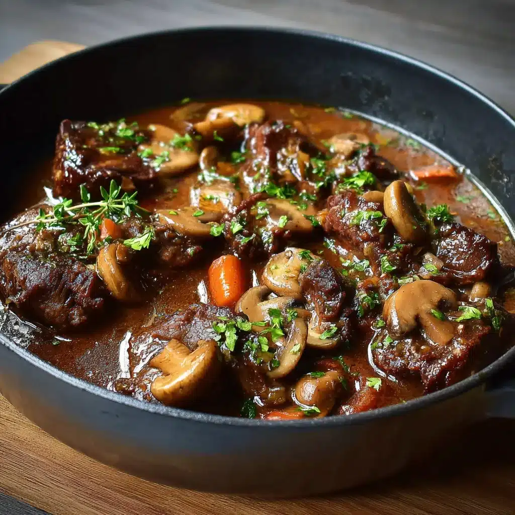 Plat mijoté de joue de bœuf aux champignons dans une cocotte en fonte