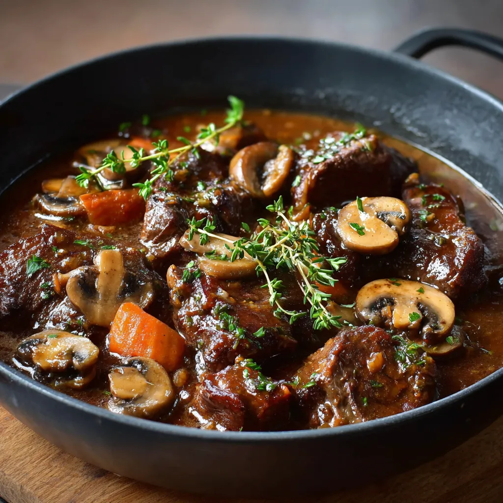 Plat mijoté de joue de bœuf aux champignons dans une cocotte en fonte