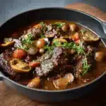 Plat mijoté de joue de bœuf aux champignons dans une cocotte en fonte