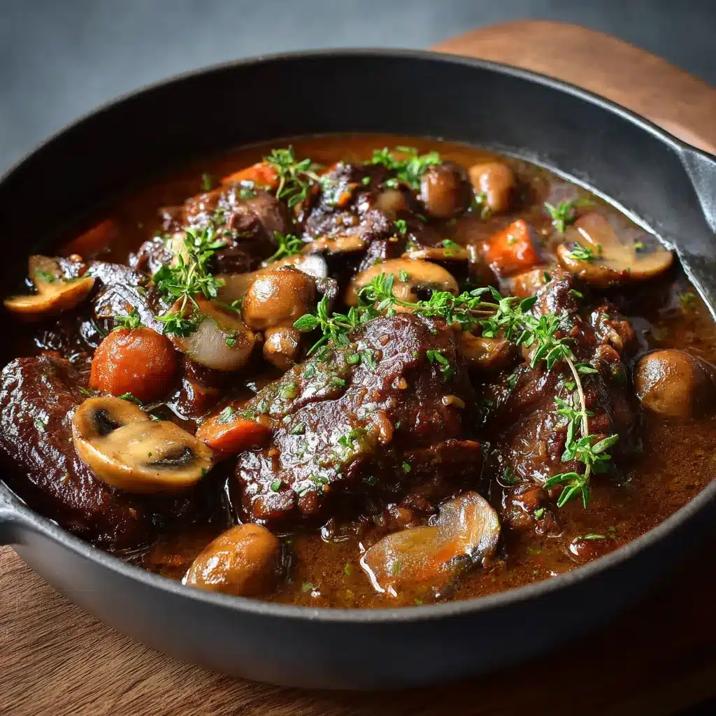 Plat mijoté de joue de bœuf aux champignons dans une cocotte en fonte