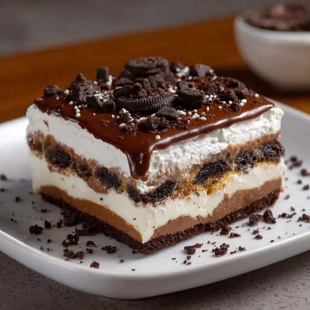 Lasagnes au chocolat sans cuisson servies en parts avec couches de crème mascarpone, pudding chocolat et pépites