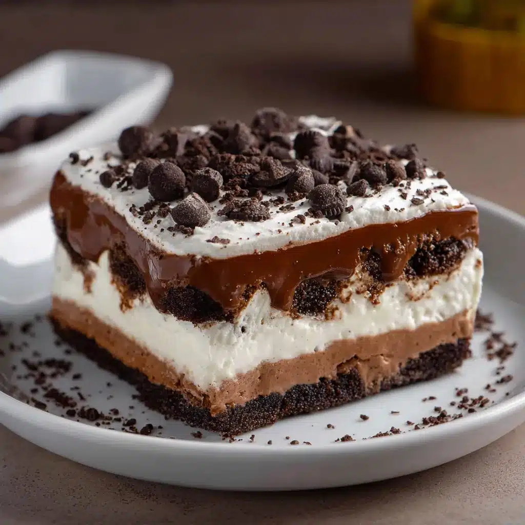 Lasagnes au chocolat sans cuisson servies en parts avec couches de crème mascarpone, pudding chocolat et pépites