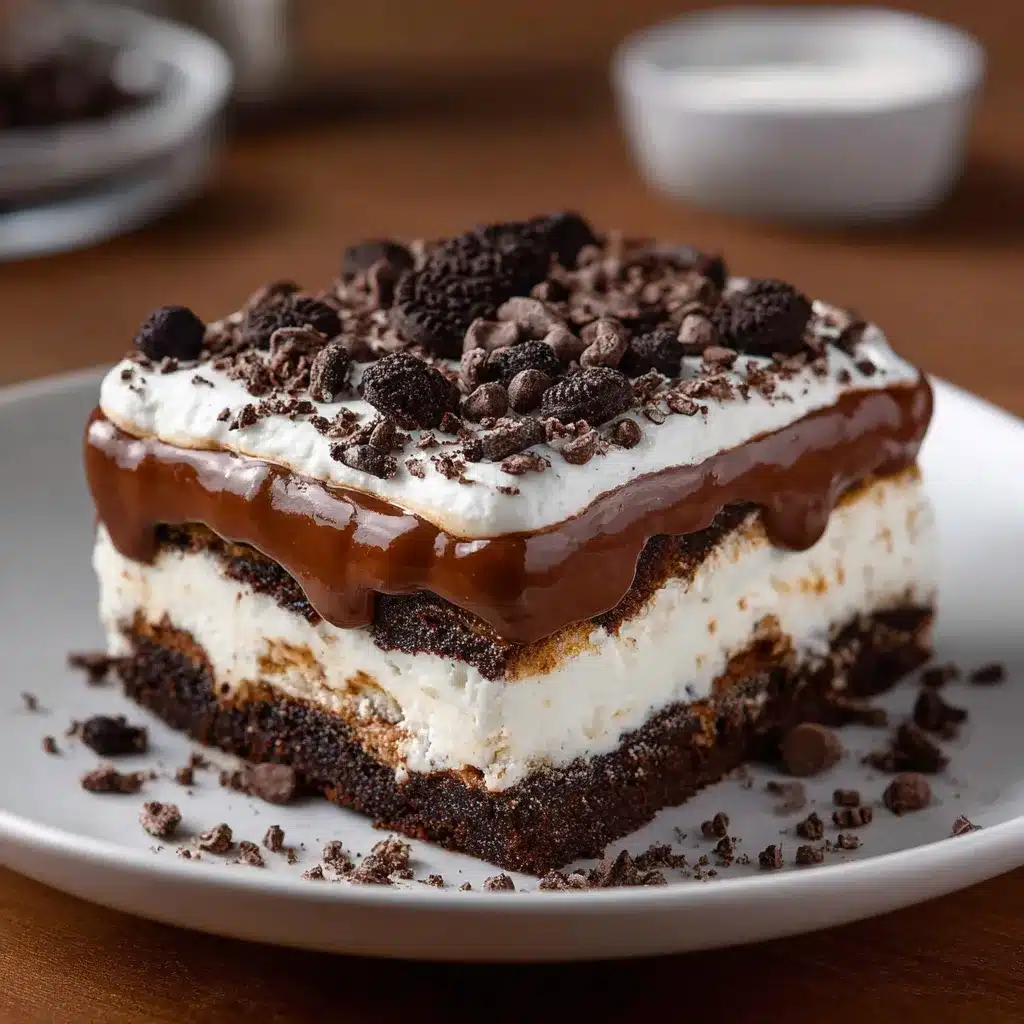 Lasagnes au chocolat sans cuisson servies en parts avec couches de crème mascarpone, pudding chocolat et pépites