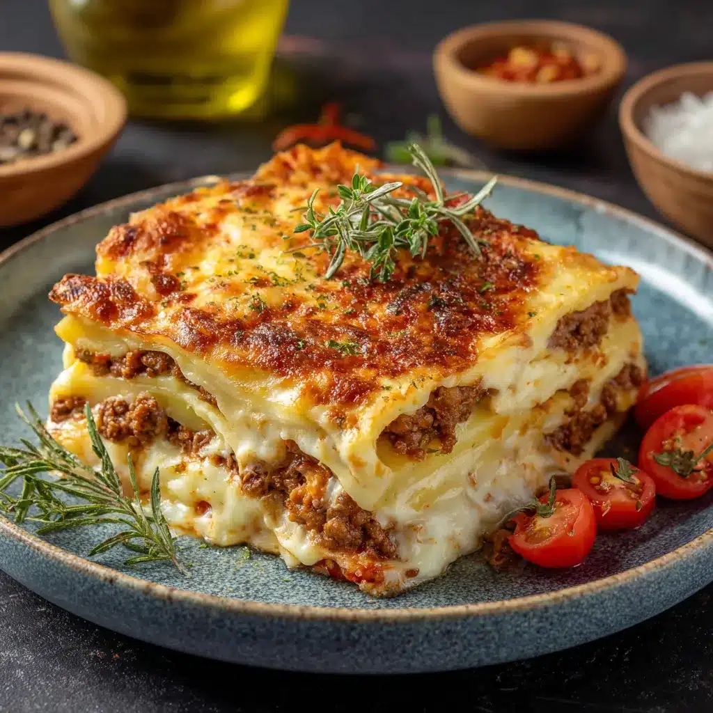 Lasagnes de pommes de terre gratinées à la viande hachée et béchamel dans un plat à gratin