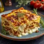 Lasagnes de pommes de terre gratinées à la viande hachée et béchamel dans un plat à gratin