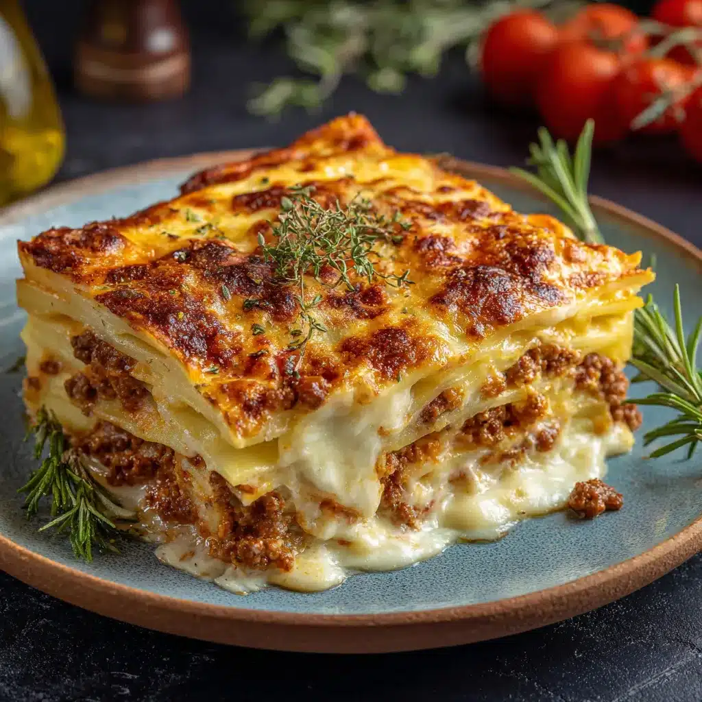 Lasagnes de pommes de terre gratinées à la viande hachée et béchamel dans un plat à gratin