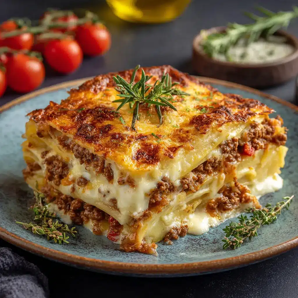 Lasagnes de pommes de terre gratinées à la viande hachée et béchamel dans un plat à gratin