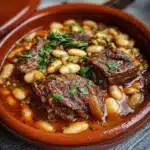 Loubia marocaine – bœuf mijoté aux haricots blancs servi dans une cocotte