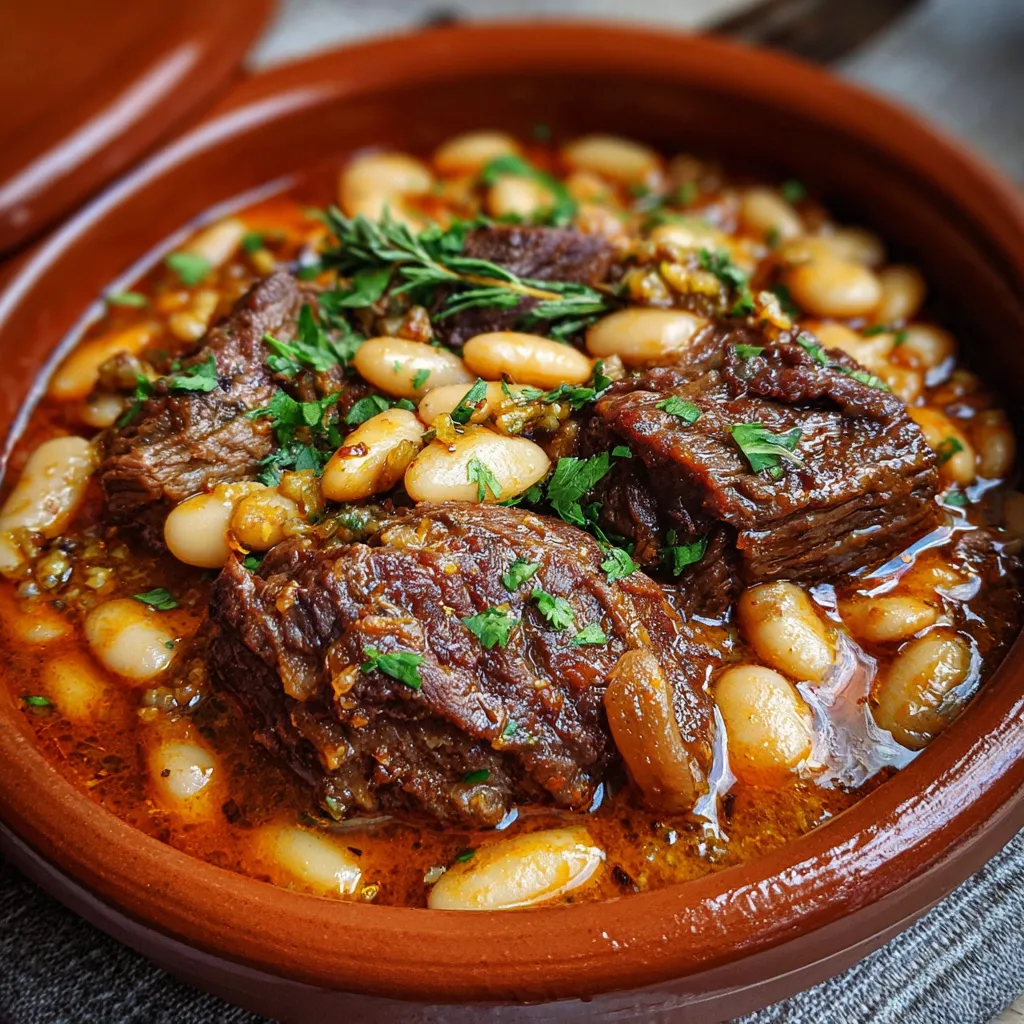Loubia marocaine – bœuf mijoté aux haricots blancs servi dans une cocotte