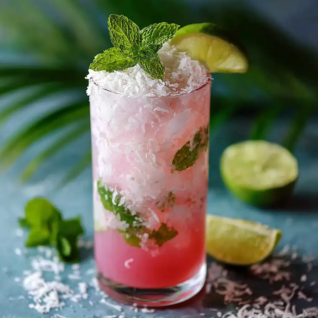 Verre de Mojito Coco Rose garni de menthe fraîche et tranche de citron vert, servi sur glace pilée
