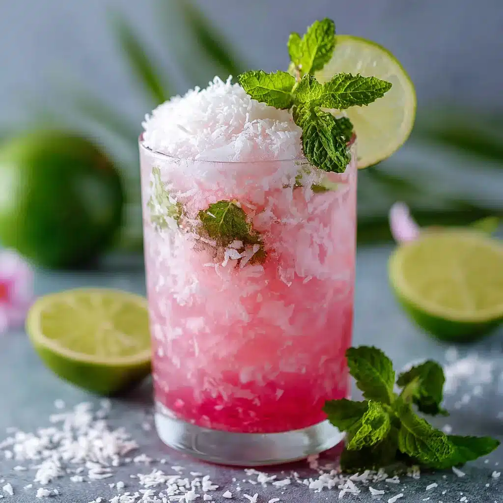 Verre de Mojito Coco Rose garni de menthe fraîche et tranche de citron vert, servi sur glace pilée