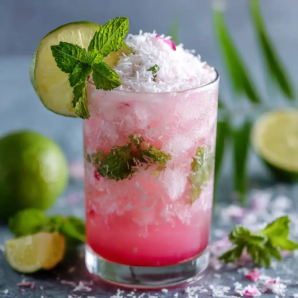 Verre de Mojito Coco Rose garni de menthe fraîche et tranche de citron vert, servi sur glace pilée