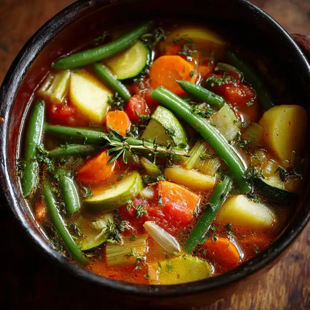 Soupe aux haricots verts et légumes dans une grande marmite, prête à être servie
