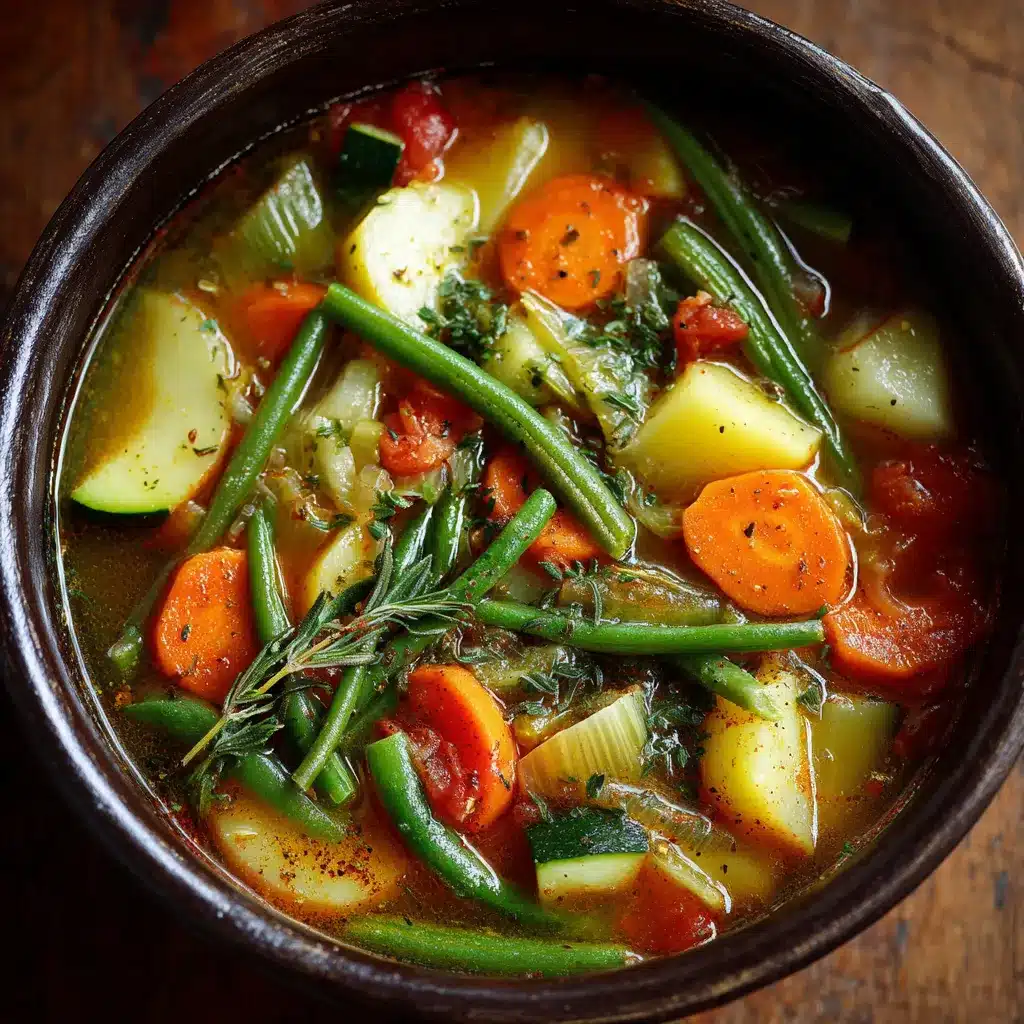 Soupe aux haricots verts et légumes dans une grande marmite, prête à être servie