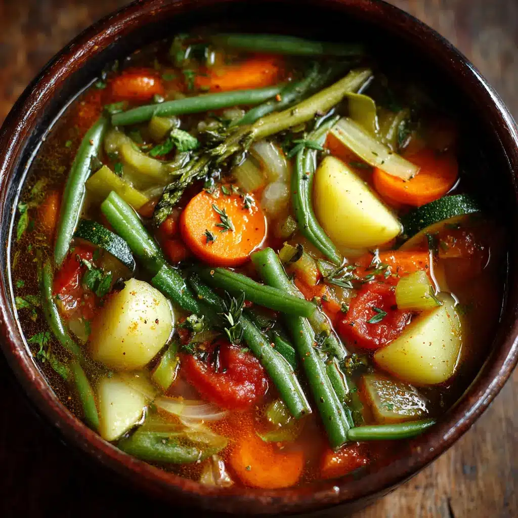 Soupe aux haricots verts et légumes dans une grande marmite, prête à être servie
