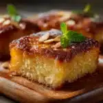 Moelleux à la frangipane au rhum doré et fondant, coupé en parts dans un plat en céramique