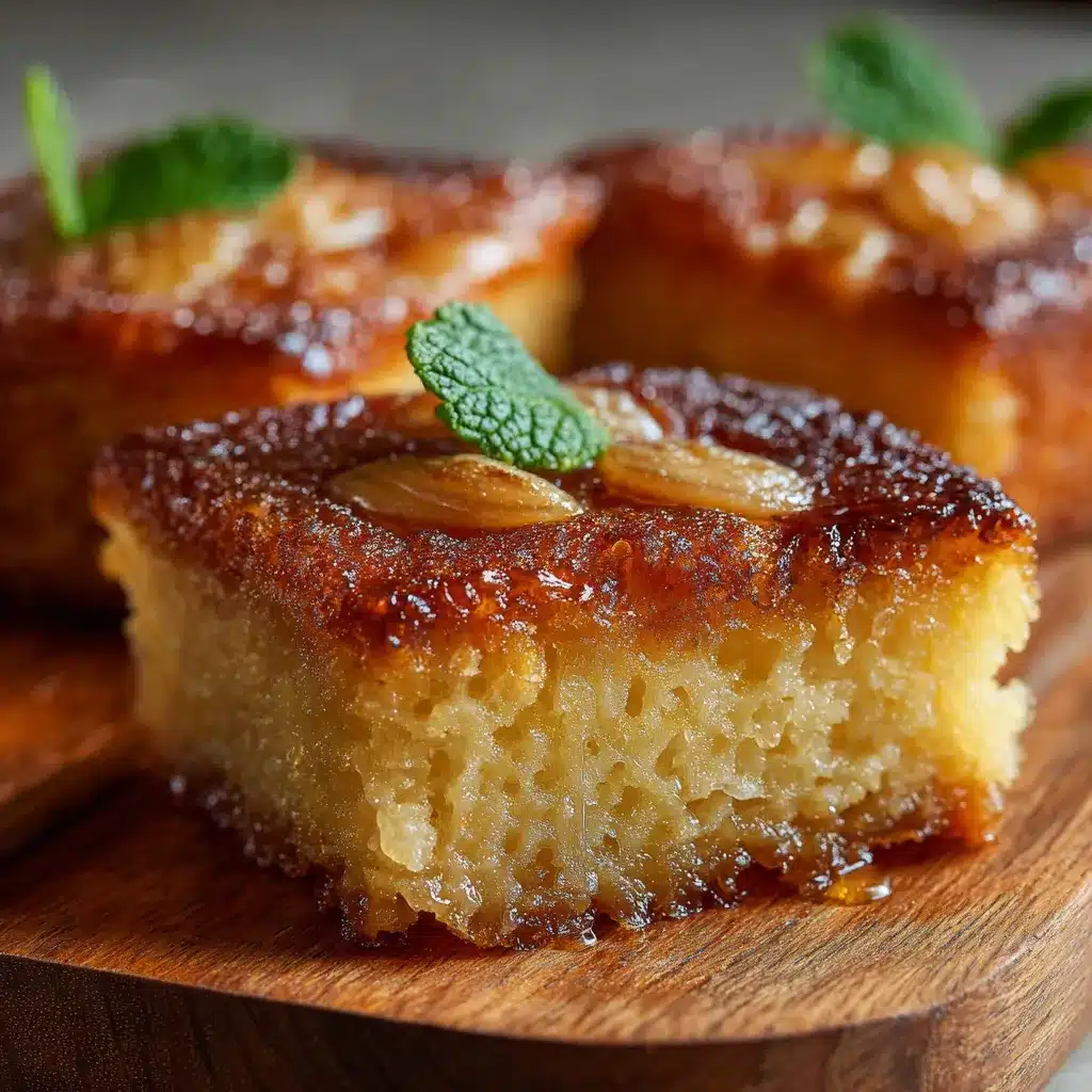 Moelleux à la frangipane au rhum doré et fondant, coupé en parts dans un plat en céramique
