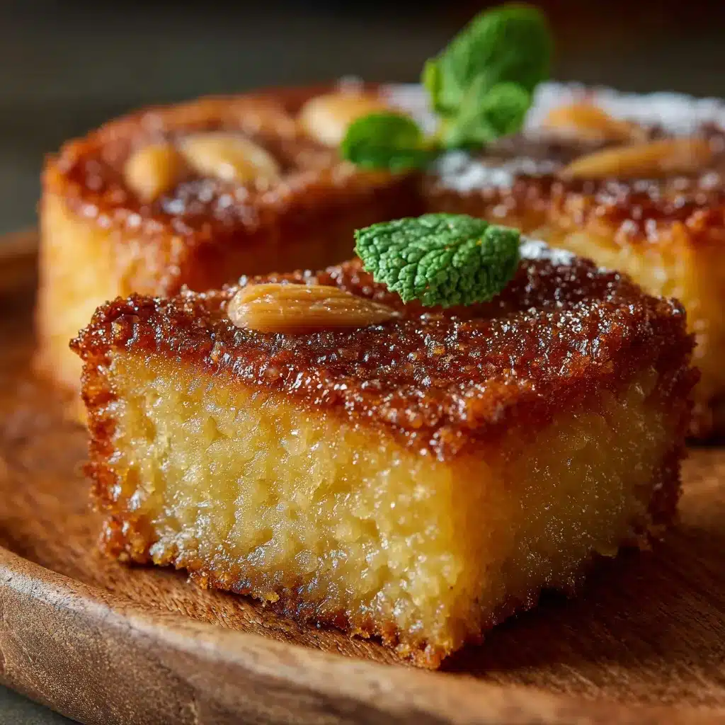 Moelleux à la frangipane au rhum doré et fondant, coupé en parts dans un plat en céramique